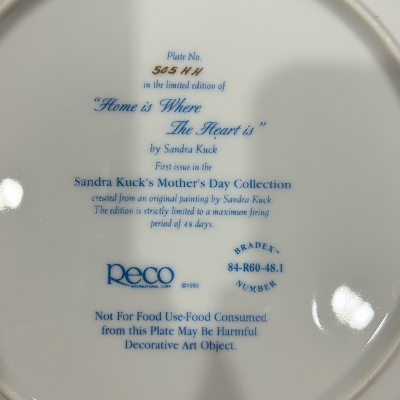 Vintage 1995 Reco Sandra Kuck"HOME IS WHERE THE HEART IS"Collectible Plate 91/4" - Picture 6 of 7